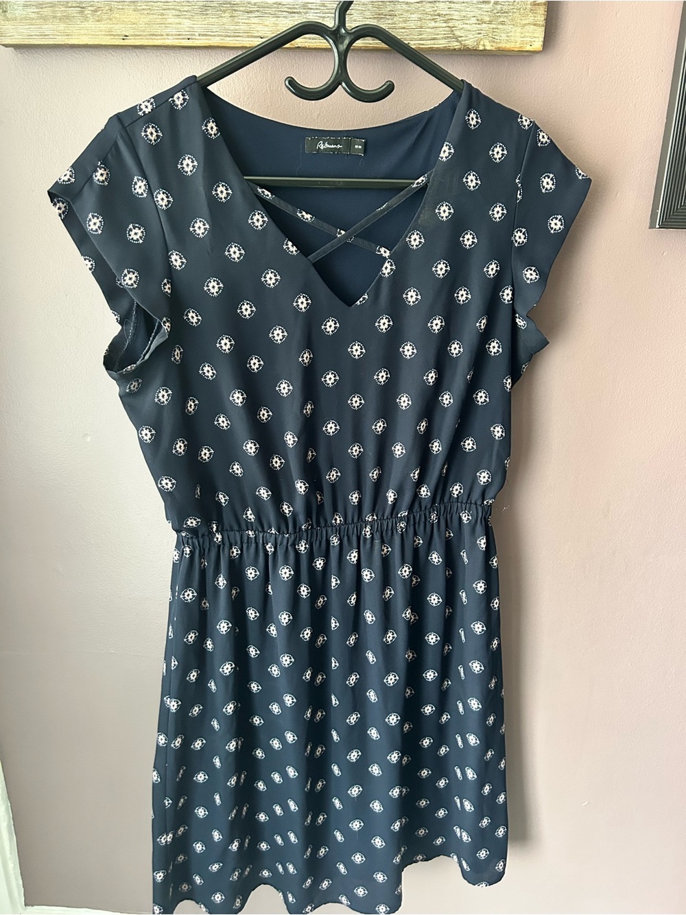 Reitmans Navy Mini Dress with White Geometric Print